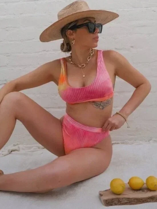 Dippin Daisys Pink Orange High-Rise Velvet Tie Dye Sunrise 2 Piece Bikini Small - Picture 13 of 15